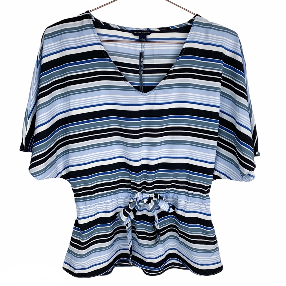 Banana Republic Factory Blue Black White Striped V-Neck Tie-Waist Blouse